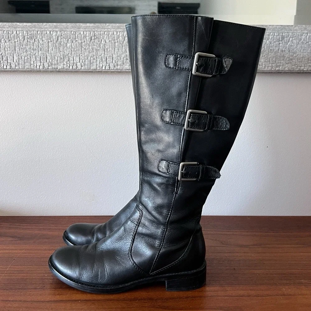 ECCO Women's Black Leather Knee High Riding Boots Triple Buckle Side Zip Size 38
